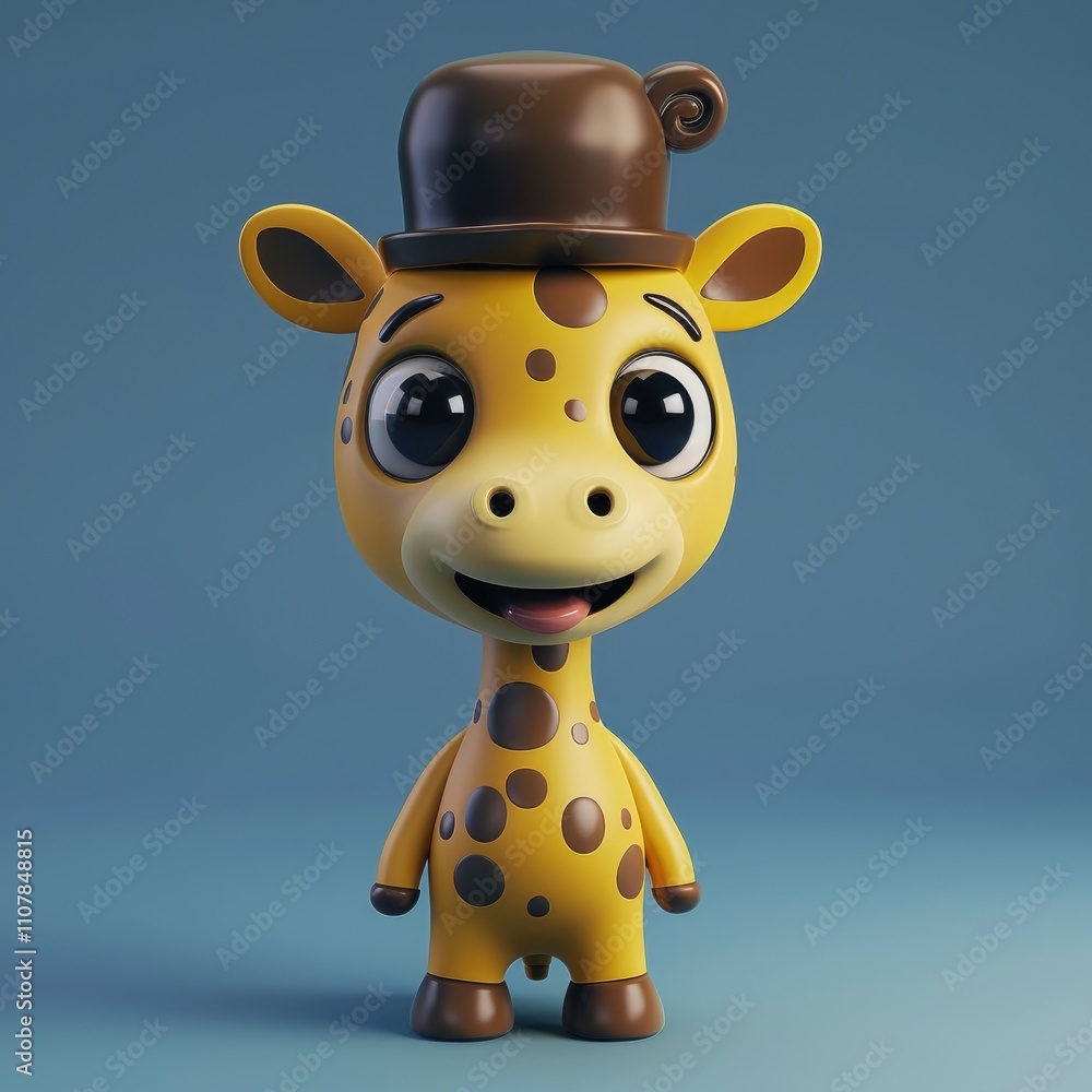 Fototapeta premium A cheerful cartoon giraffe wearing a brown hat, designed in a playful, vibrant style.