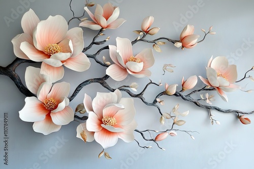 A floral arrangement of magnolia flowers painted with soft gradients