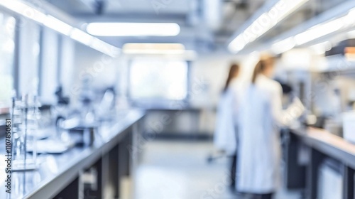 Blurred background, health and technology concept. Laboratory scene with scientists working in a modern environment. photo