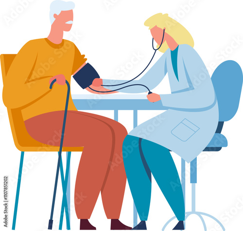 Doctor using sphygmomanometer, checking blood pressure of elderly man sitting with walking cane, during medical examination in hospital or clinic