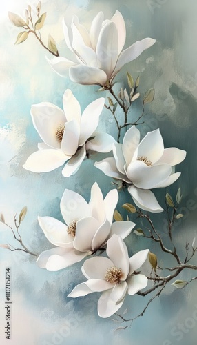 A floral arrangement of magnolia flowers painted with soft gradients