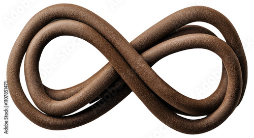 Tangled brown infinity knot with textured surface on white background