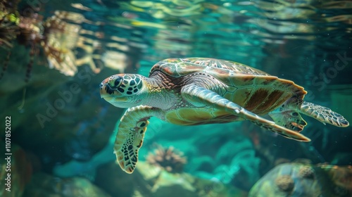 photograph of turtle, animal, sea, reptile, underwater, nature, blue, tortoise, green, water, brown,  photo