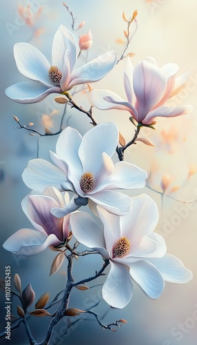 A floral arrangement of magnolia flowers painted with soft gradients