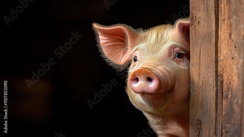 A charming piglet with a gentle expression peers curiously from its rustic enclosure in a barn setting, embodying innocence and curiosity in a countryside ambiance. photo