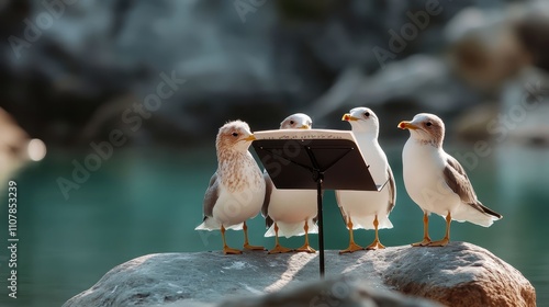 Four seagulls perched on a rock appear to be singing together, stationed in front of a music stand near a tranquil blue water setting under soft lighting. photo