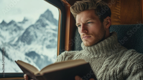 young man in sweater reading book in modern train, snow-capped mountains outside window photo