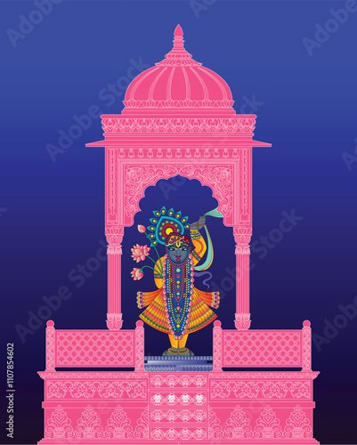 Shrinathji, Jagannath, or Lord Krishna with cows, in Indian folk painting Pichwai style	
