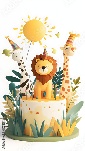 Adorable Lion and Giraffe Birthday Cake with Sun photo