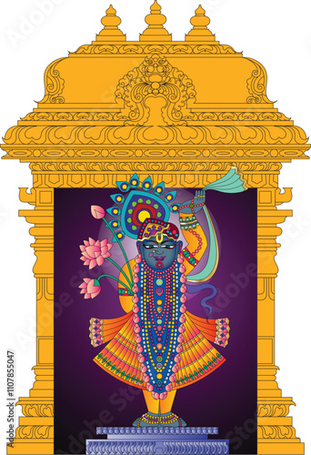 Shrinathji, Jagannath, or Lord Krishna with cows, in Indian folk painting Pichwai style	
