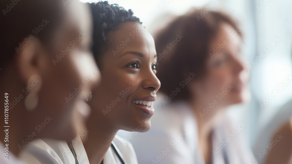 Fototapeta premium Close-up of a diverse group of healthcare professionals in discussion at a hospital board meeting, focusing on strategic planning, macro shot