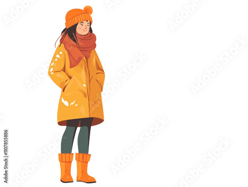 Young girl wearing winter clothes in yellow corlor flat illustration isolated on a transparent background. photo