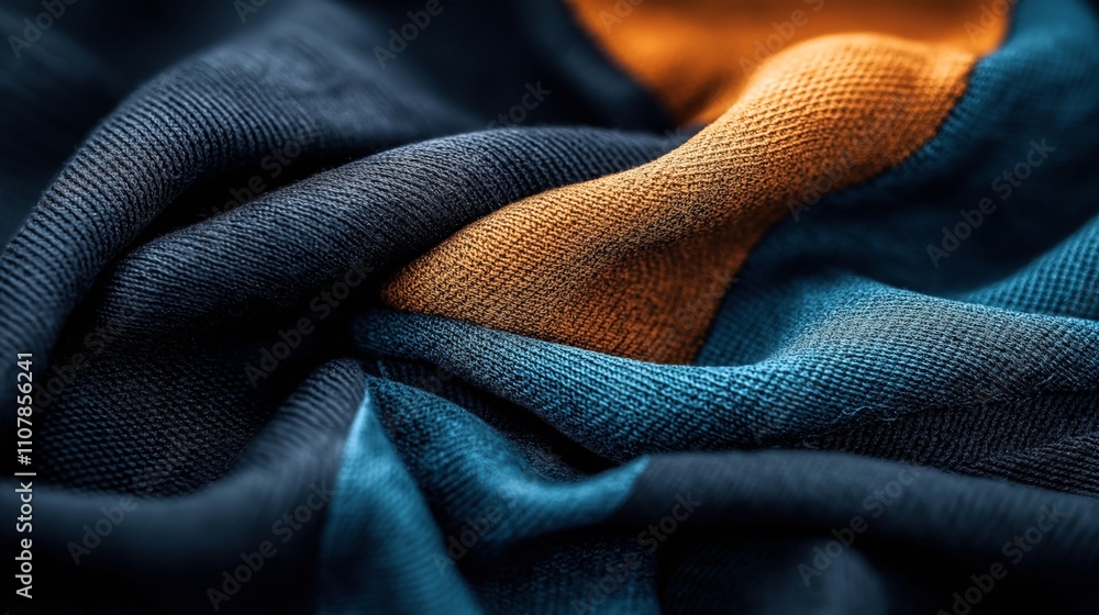 Fototapeta premium Close-up of fabric with folds in shades of dark blue, teal, and orange