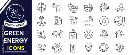 Green energy, Ecology icon set. Renewable energy, Ecology and green electricity icons, vector set. Eco friendly icon set, solar, wind mill, renewable and alternative power symbols vector illustration.
