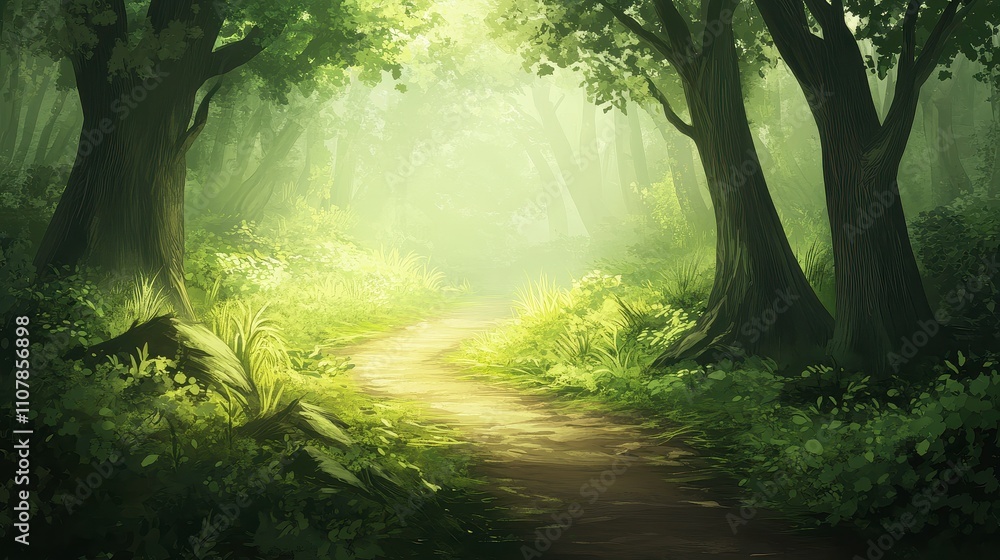 Fototapeta premium Lush Forest Pathway in Soft Morning Light
