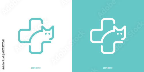 Cross Health or Plus and Abstract Cat with Linear Outline Style. Pet Care Logo Icon Symbol Vector Design Template.