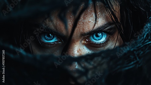 Close-up of a mysterious face with piercing blue eyes, partially obscured by dark fabric, conveying a sense of mystery and intensity under dim lighting. photo