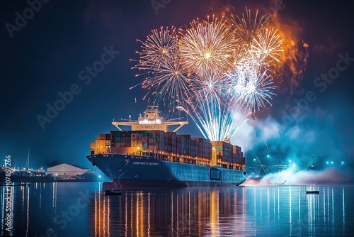 Magnificent Fireworks Display Above Massive Cargo Ship photo