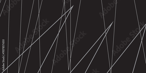 Abstract black and white geometric random chaotic lines with many squares and triangles shape. Metal grid isolated on the white background. Banner with geometric shapes, lines, stripes and triangles.