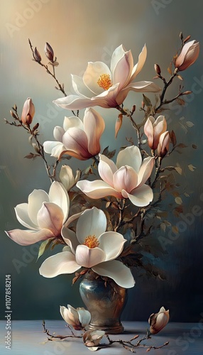 A floral arrangement of magnolia flowers painted with soft gradients