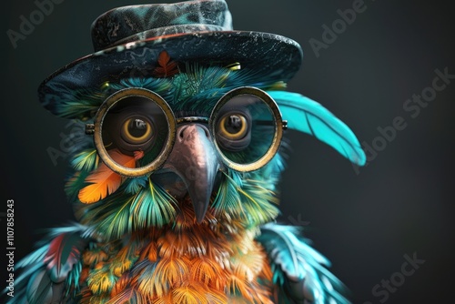 A colorful, anthropomorphic owl wearing glasses and a hat, showcasing artistic creativity. photo