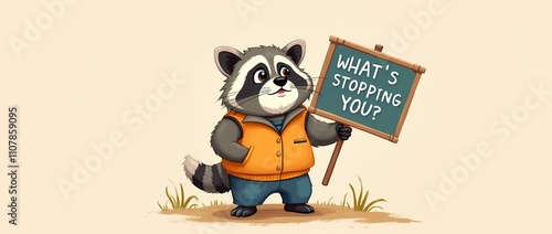 Illustration of an inquisitive raccoon holding a sign that reads 