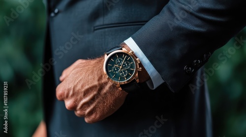 An elegant wristwatch with a detailed dial is showcased on a man's wrist dressed in a classic suit, highlighting sophistication and timeless style. photo