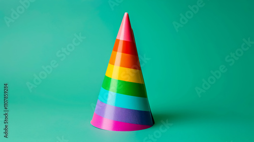 A bright and colorful birthday hat isolated on a green background, evoking a holiday theme photo