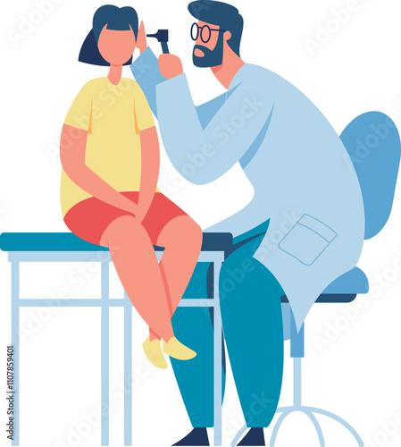 Pediatrician using otoscope for ear examination of young patient sitting on examination table during medical consultation in hospital or clinic