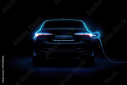 Sleek Black Electric Vehicle Charging with Neon Blue Illumination in Modern Garage Setting