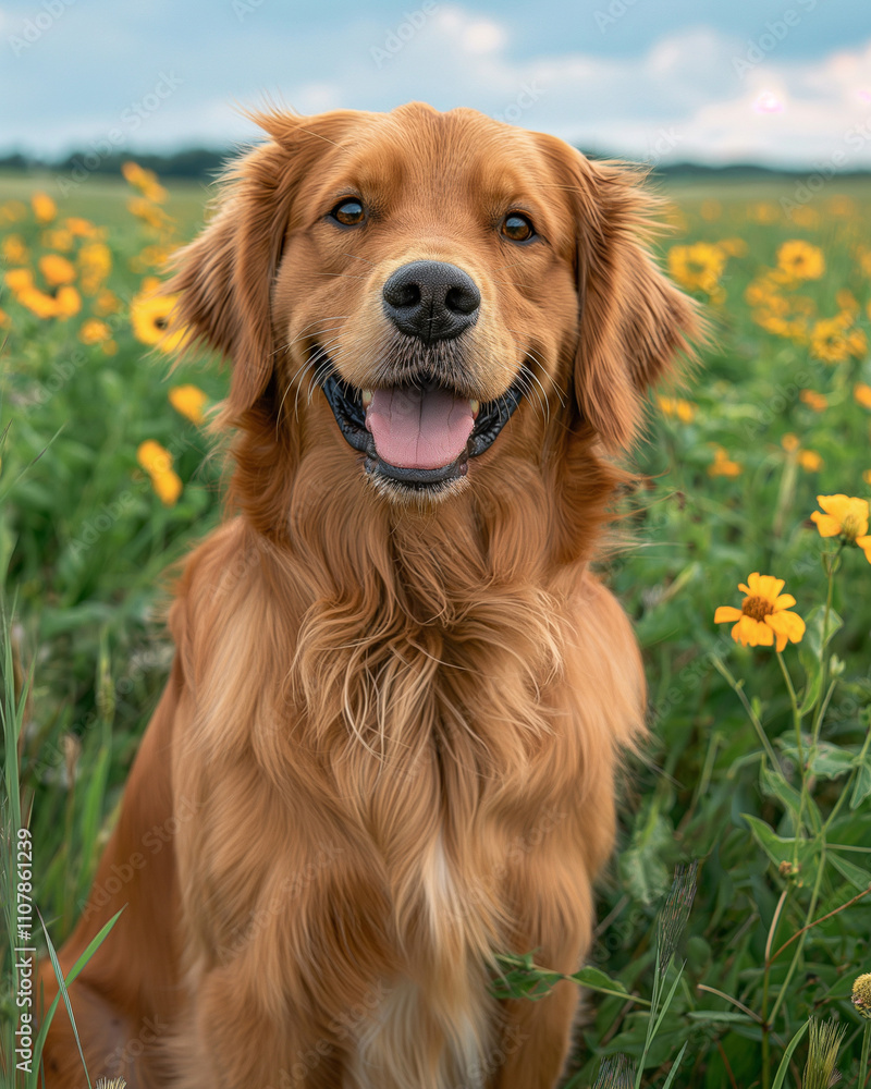 Obraz premium Happy golden retriever enjoys a sunny day in a vibrant flower field surrounded by sunflowers. Generative AI