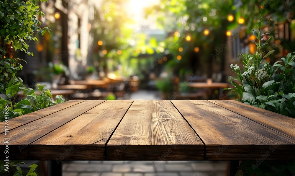 Fototapeta premium A weathered wooden table with a blurred background of an outdoor coffee shop setting