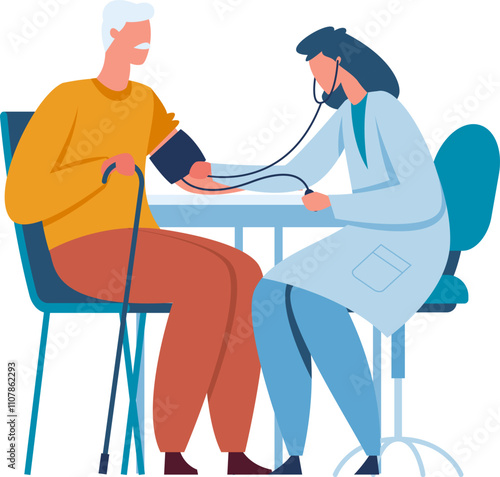 Female doctor using sphygmomanometer and stethoscope, measuring blood pressure of elderly male patient sitting on chair and holding walking cane, during medical examination in hospital or clinic
