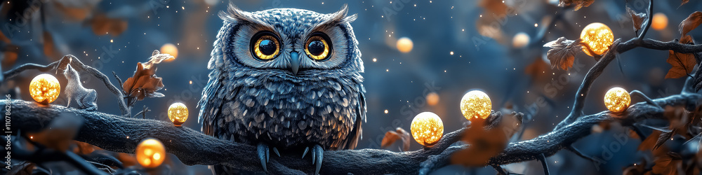 Obraz premium Enchanting owl perched on a branch amidst glowing orbs, perfect for wall art, posters, and decoration to evoke a magical, serene ambiance, suitable for nature lovers and fantasy enthusiasts.