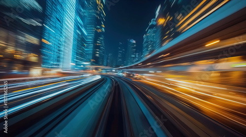 A dynamic night-time urban scene showcasing a high-speed view from a moving vehicle, with elongated lights streaking through the image to convey motion. The background features towering skyscrapers il photo