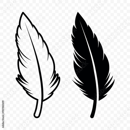 Vector Black and White Fluffy Feather Logo Icons. Silhouette Feather Set Closeup Isolated. Design Template of Flamingo, Angel, Bird Feather. Lightness and Freedom Concept