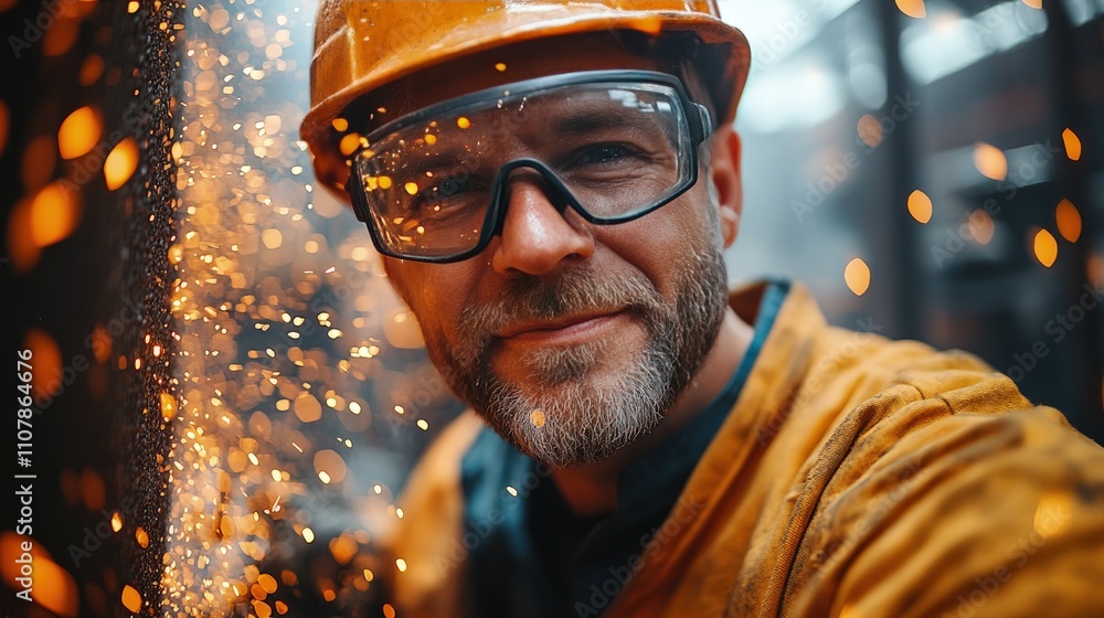 Industrial worker uses an angle grinder to cut a metal tube in an engineering factory, surrounded by sparks and machinery Industrial worker uses an angle grinder to cut a metal tube in an engineering factory, surrounded by sparks and machinery
