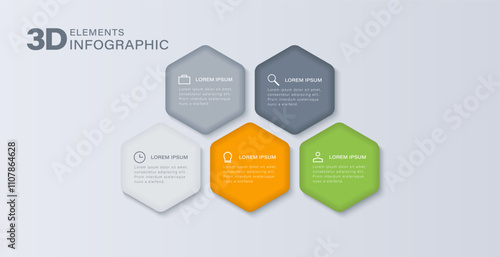 5 hexagonal 3D elements for creating infographics. Marketing or finance infographic template