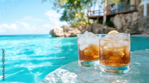 Two refreshing glasses filled with iced drinks sit on a table beside the cerulean sea, embodying relaxation, leisure, and the calming ambiance of a tropical paradise. photo