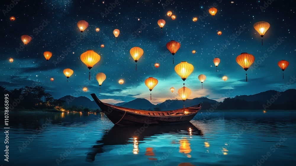 Obraz premium Enchanted Night: Serene Lake with Floating Lanterns and Starry Sky
