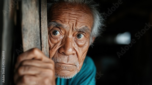 A dramatic portrait of a wrinkled elderly man intensely peering through wooden planks, capturing a moment of curiosity, resilience, and vulnerability with depth. photo