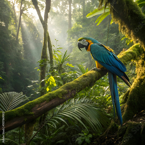 multi colored macaw perching on branch in tropical photo