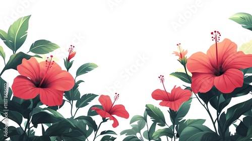 a 2D cartoon illustration of a hibiscus plant with red flowers, tropical and bright, white background--ar 16:9 photo