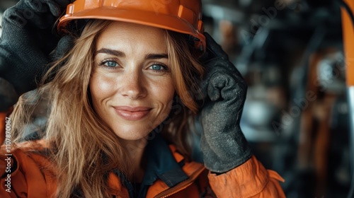 A female engineer with a confident smile adjusts her helmet in an industrial environment, showcasing professionalism and a proactive attitude on her worksite. photo