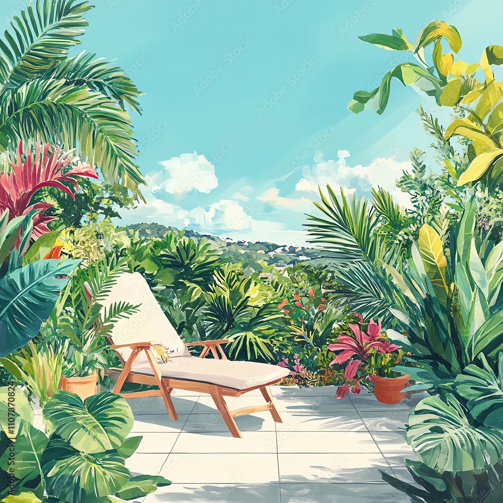 Fototapeta premium Pastel background, a lounge chair on a sunlit patio surrounded by vibrant tropical plants and bright summer skies