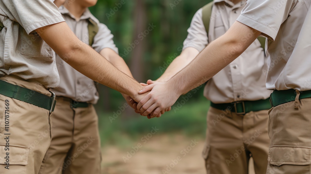 Three men holding hands, teamwork, unity