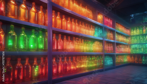 Wallpaper Mural Glass Bottles in a Vibrant Recycling Center with Neon Lights Torontodigital.ca
