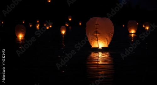 Tranquil water lantern festival at night photo