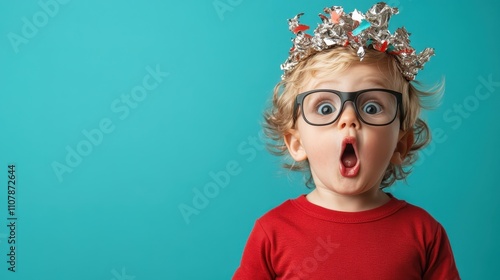 A young child with glasses and a shiny handmade crown stands against a teal background, showcasing expression and creativity through imaginative play. photo