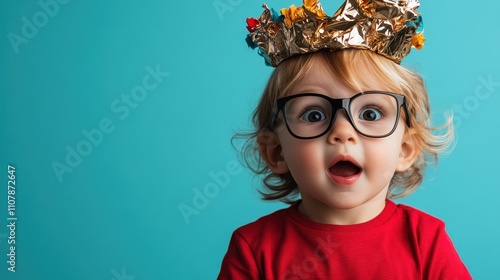 A young child with glasses and a silver and gold handmade crown is wide-eyed with amazement against a colorful background, capturing a moment of childhood wonder. photo